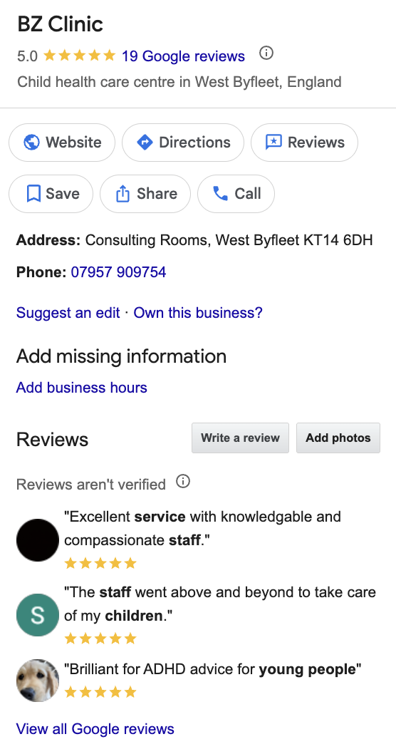 BZ Clinic's Google Business Profile showing a 5.0 rating from 19 Google reviews