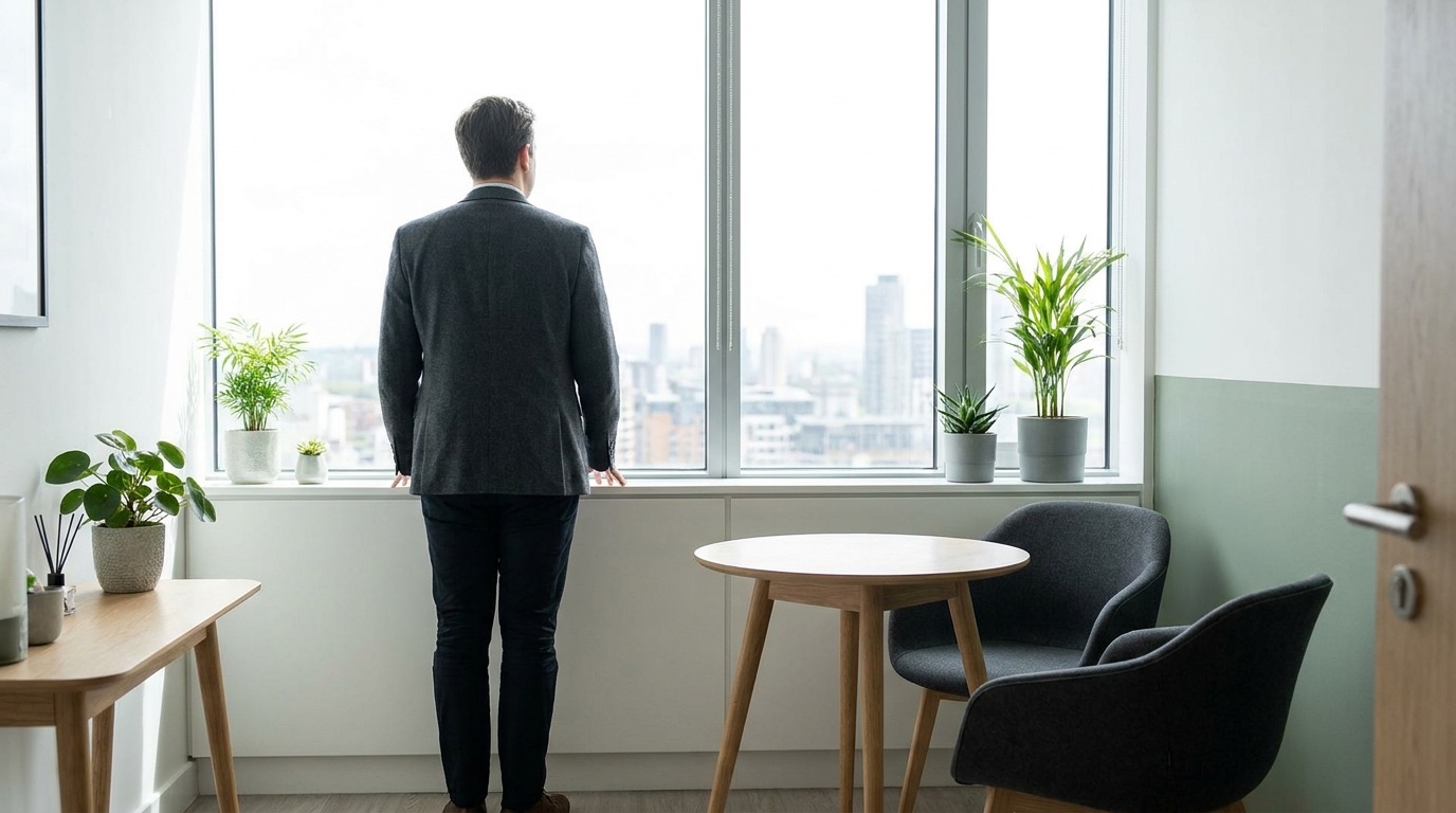 A clinic director looking out from a city consultation room