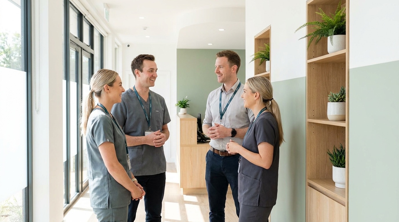 A private clinic team talking in a bright corridor