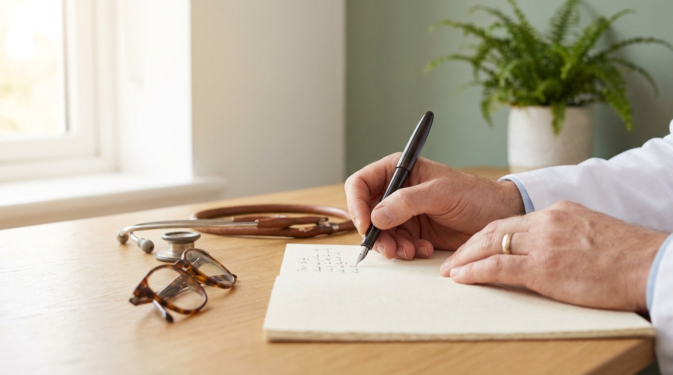 A clinician writing patient notes by hand