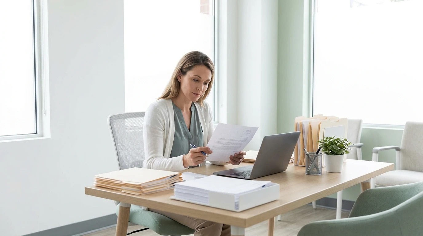 A clinician reviewing a printed patient letter at a bright desk