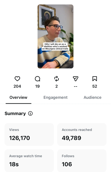 Instagram insights for the expert-led Reel: 126,170 views, 49,789 accounts reached, 18 second average watch time