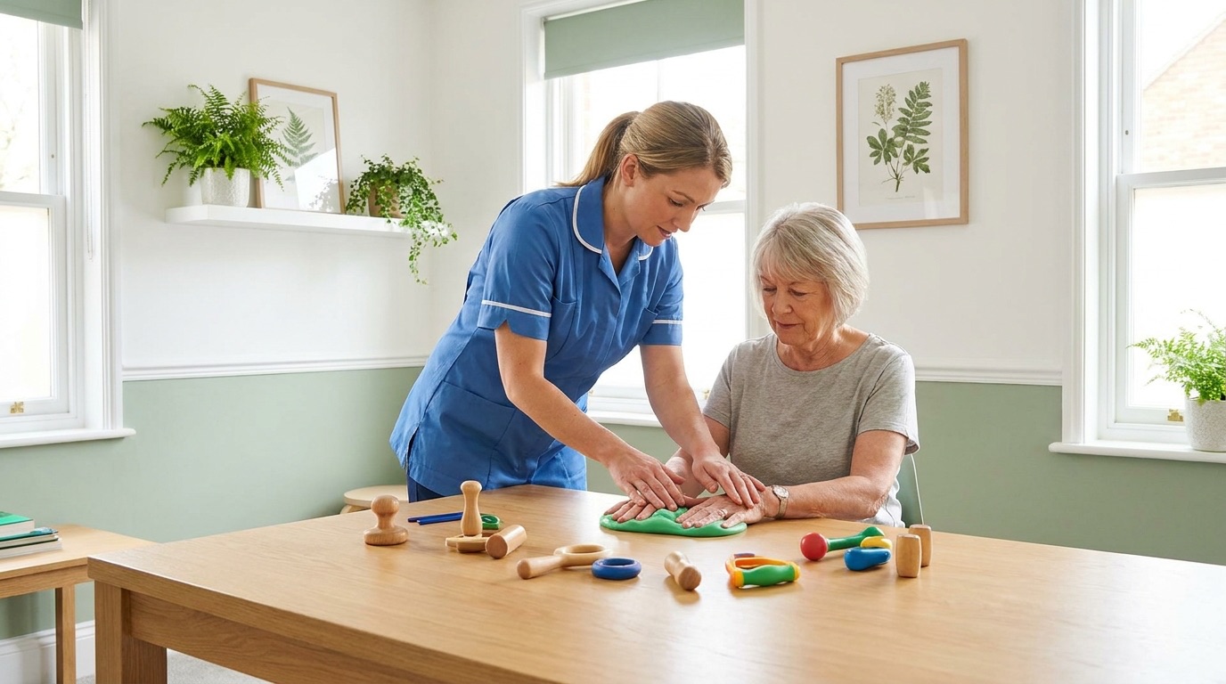 An occupational therapist working on hand exercises with a patient