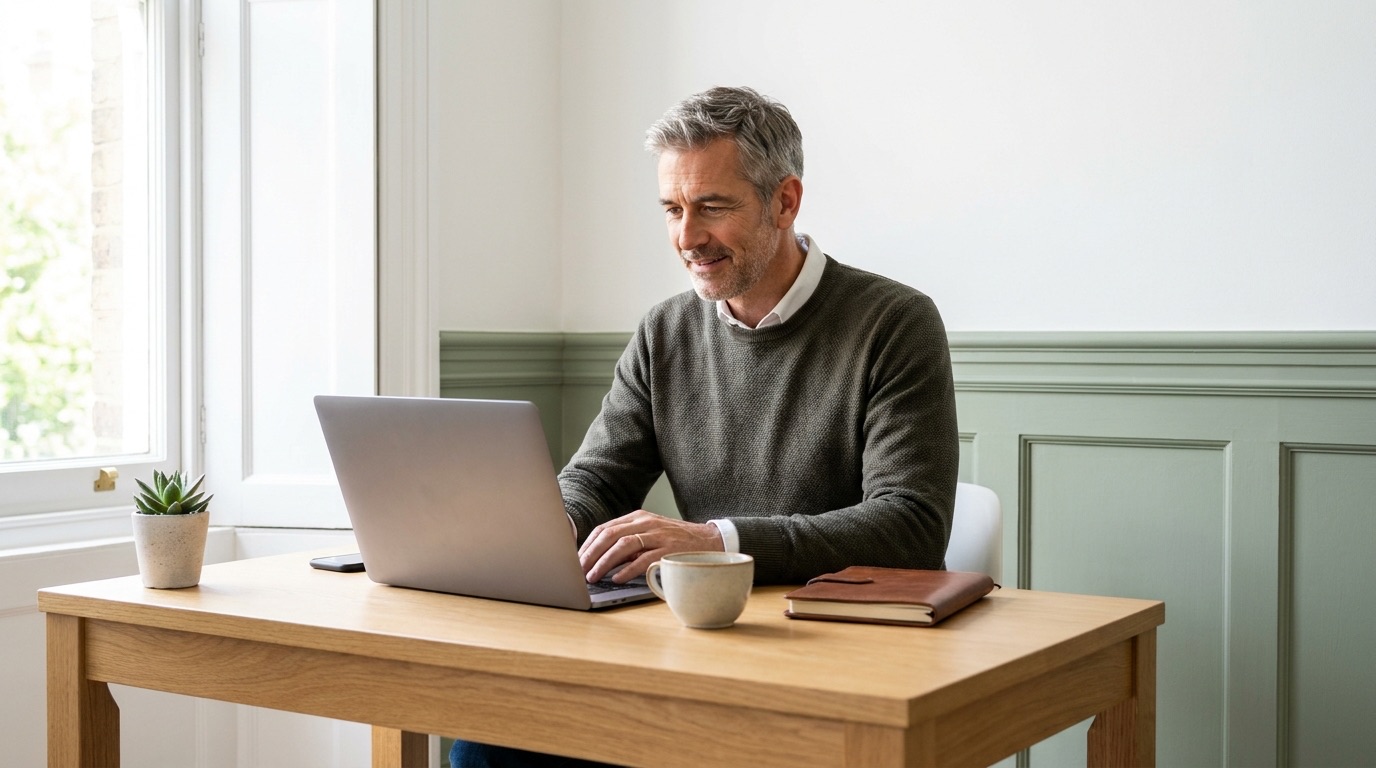 A clinic owner reviewing performance on his laptop