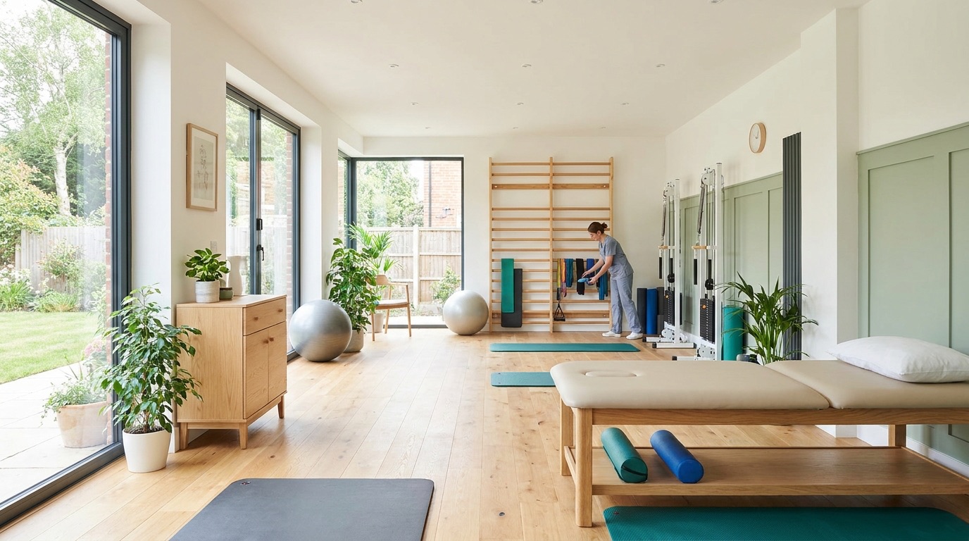 A bright private physiotherapy rehab space with treatment couch and equipment