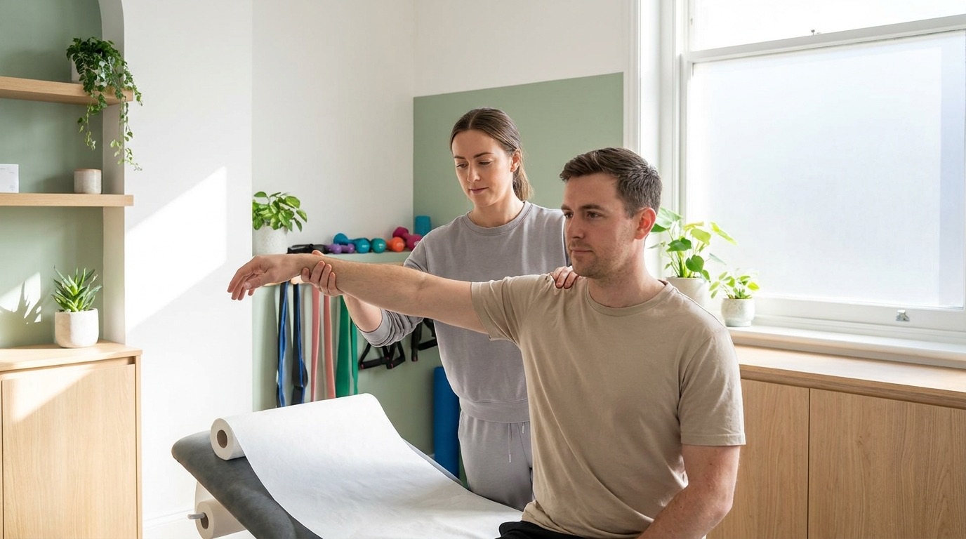 A physiotherapist guiding a patient through a shoulder exercise in a bright treatment room