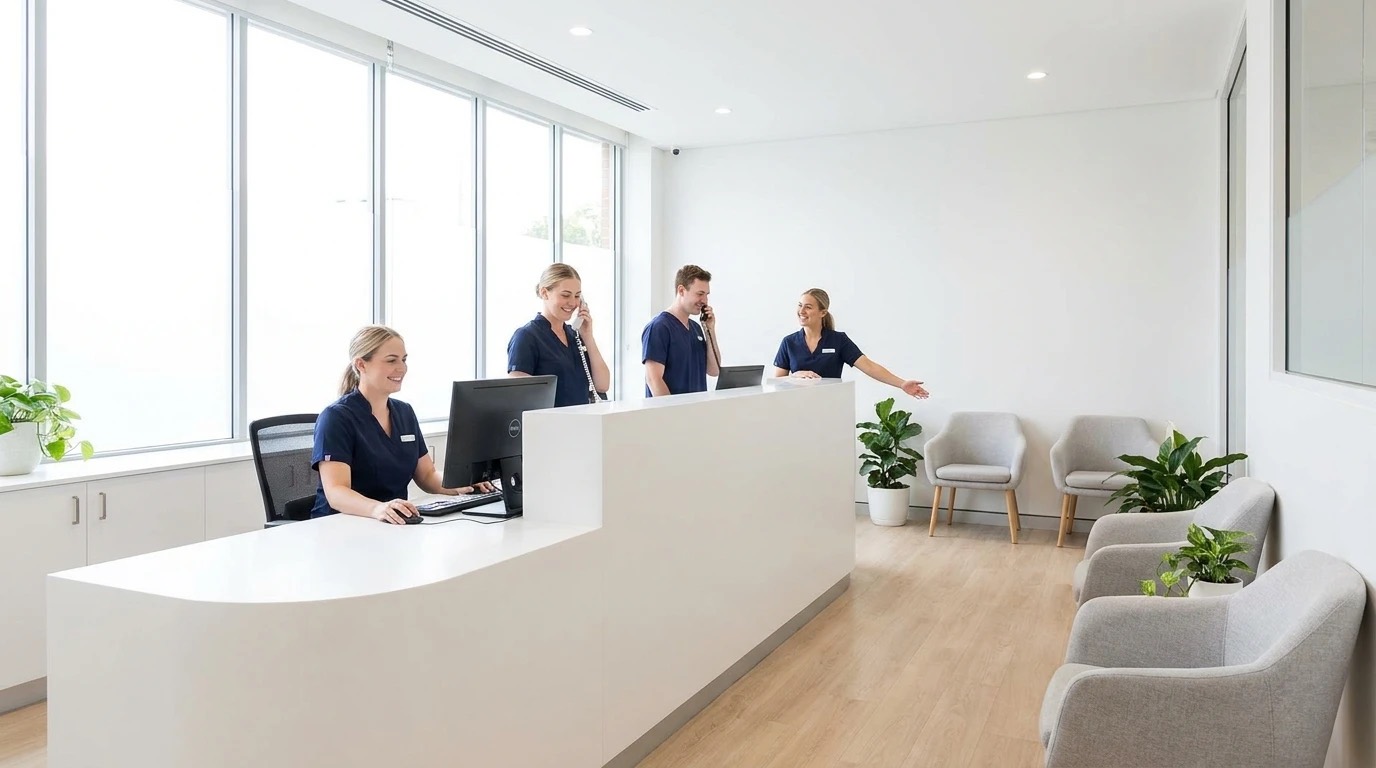 A clinic reception team answering patient enquiries