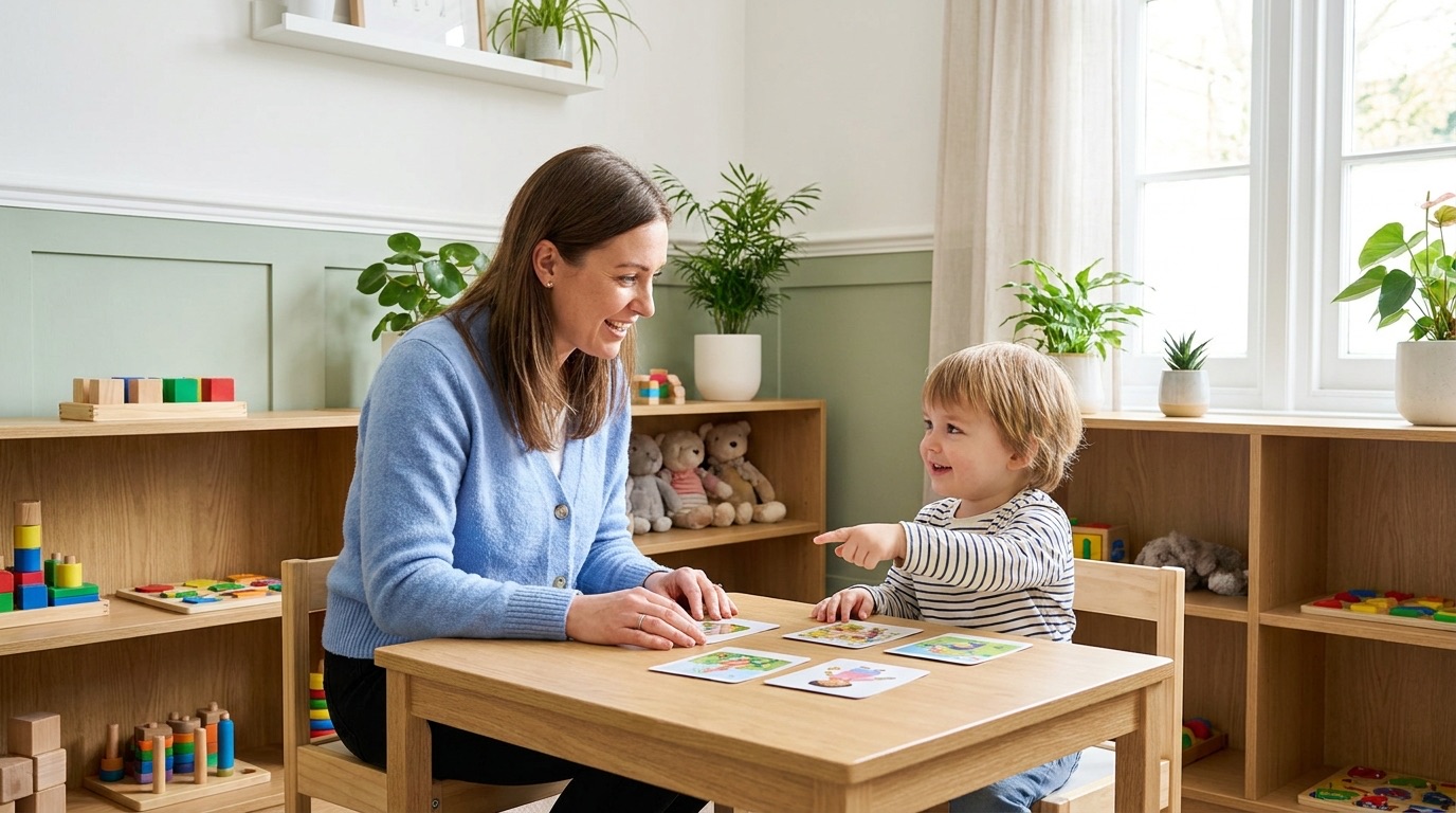 A speech and language therapist using picture cards with a young child
