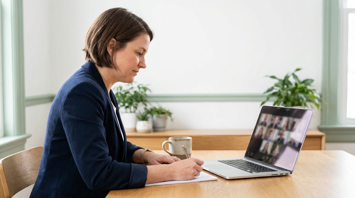 A clinic director taking notes during a video call