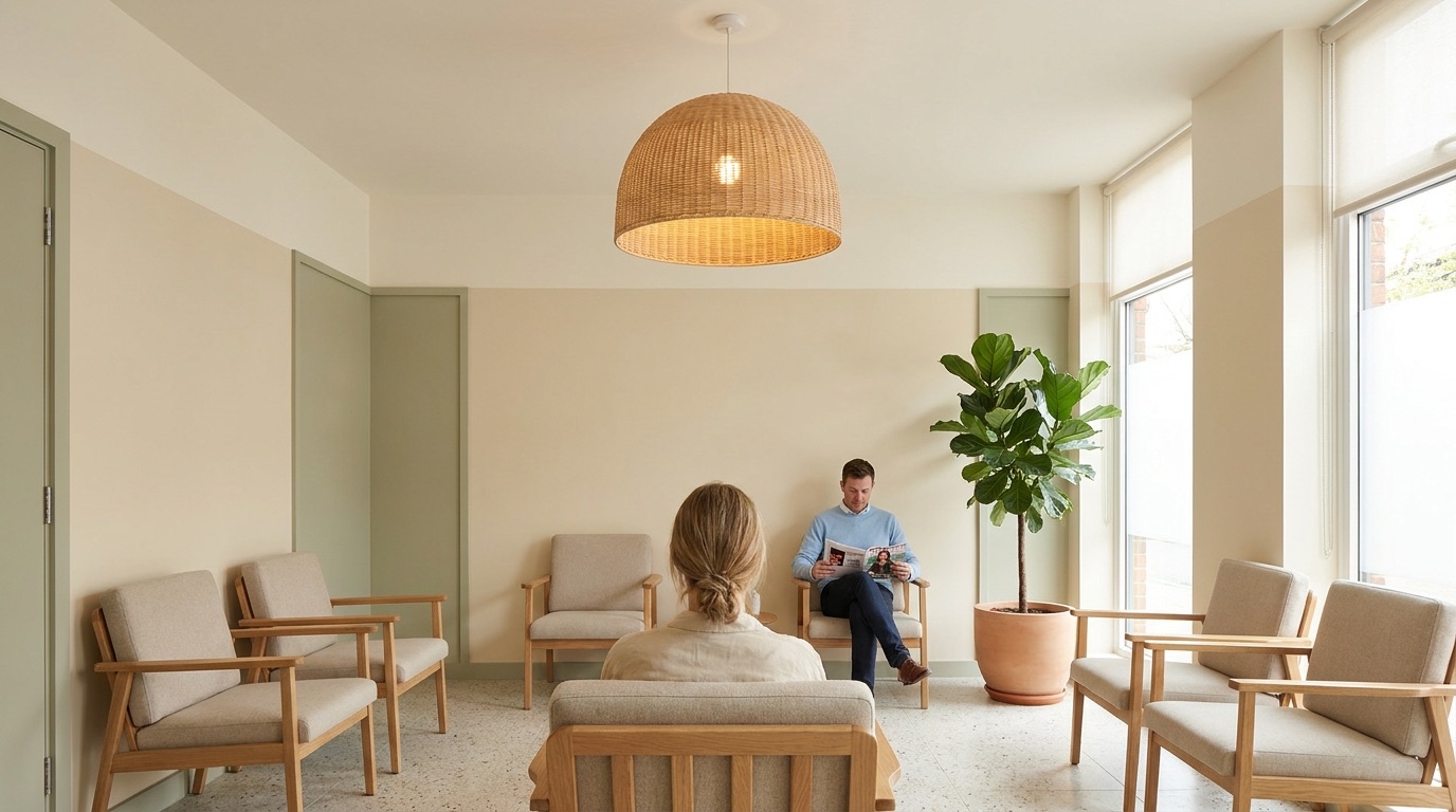 A calm clinic waiting room seen from a patient's seat