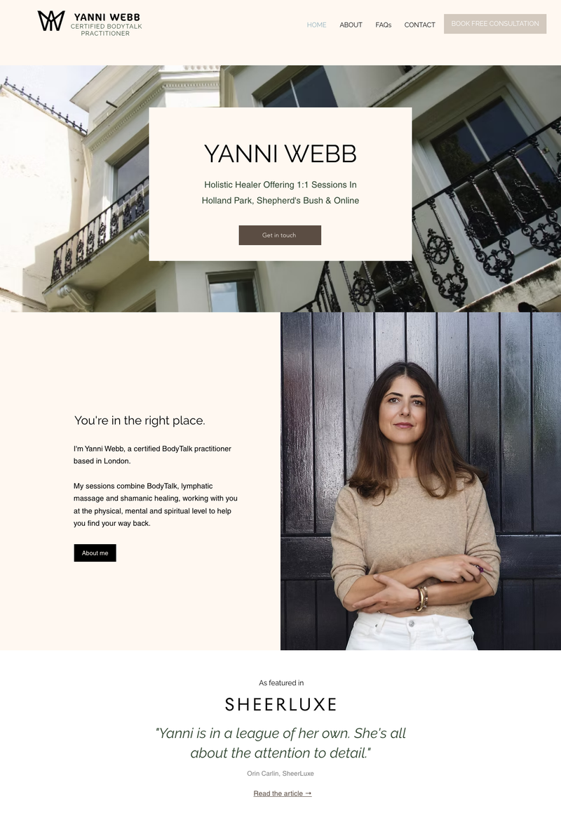 The redesigned yanniwebb.com homepage, with the SheerLuxe press feature displayed as a trust signal